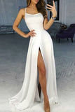 Simple Satin White Scoop Long Prom Dresses Evening Dress with High Slit, SP430
