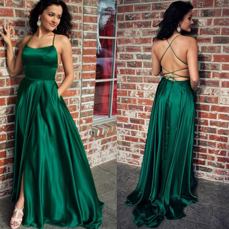 simidress.com|Simple Satin White Scoop Long Prom Dresses Evening Dress with High Slit, SP430