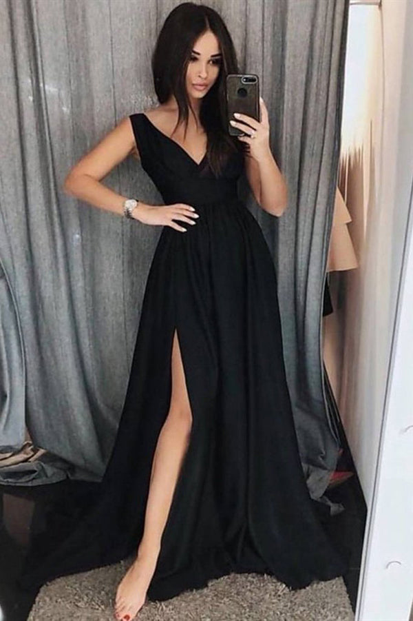 Simple Black A Line V Neck Formal Dresses Prom Dresses with Side Slit, SP431