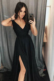 Simple Black A Line V Neck Formal Dresses Prom Dresses with Side Slit, SP431