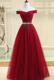 Burgundy Tulle A Line Off-the-shoulder Long Prom Dress with Beading, SP433