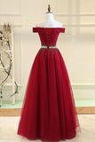 Simidress.com offer Burgundy Tulle A Line Off-the-shoulder Long Prom Dress with Beading, SP433