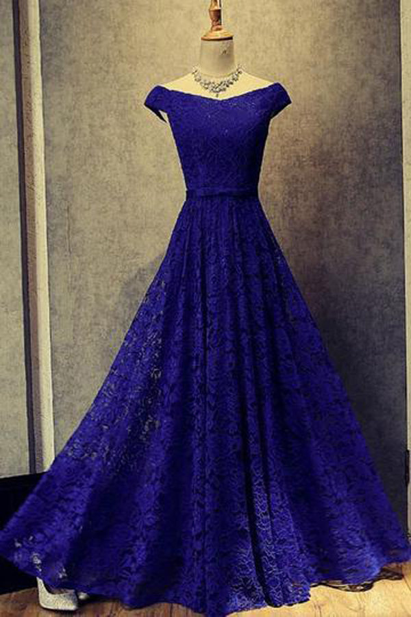 Charming Royal Blue A-line Off-the-shoulder Lace Prom Dress Party Dresses, SP435