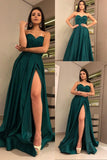 Dark Green Satin A-line Sweetheart Long Prom Dresses with High Slit, SP437