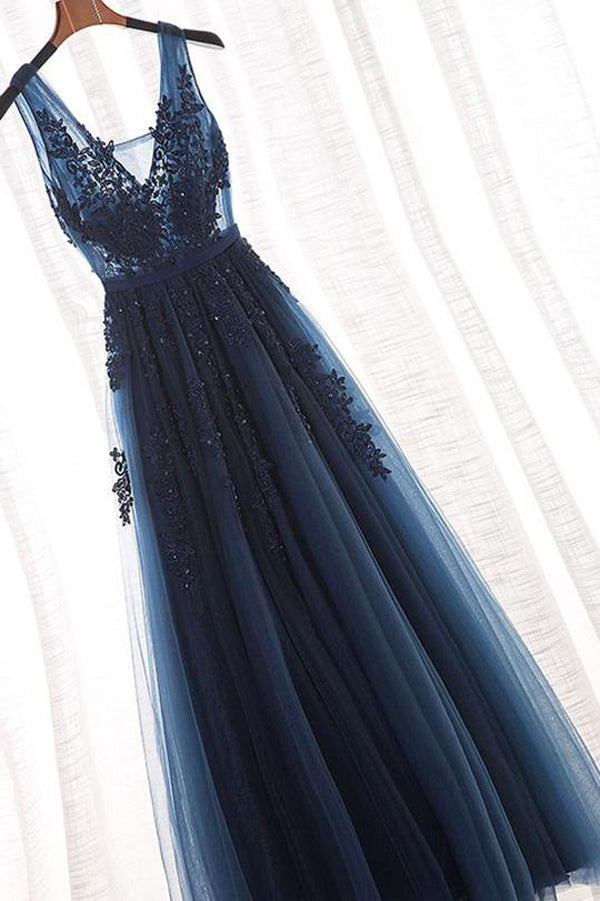 Navy Blue A-Line V-Neck Tulle Floor-length Prom Dress With Appliques, SP438