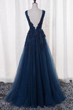 simidress.com offer Navy Blue A-Line V-Neck Tulle Floor-length Prom Dress With Appliques, SP438
