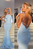 Light Blue Lace Mermaid Floor-Length Backless Sleeveless Long Prom Dress, SP439