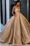 Beaded Gold Sequins Ball Gown Prom Dress with Pockets Quinceanera Dresses, SP440