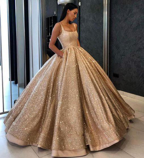 simidress.com offer Beaded Gold Sequins Ball Gown Prom Dress with Pockets Quinceanera Dresses, SP440