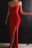 Red Satin Mermaid Spaghetti Straps V-neck Long Prom Dresses with Side Slit, SP441