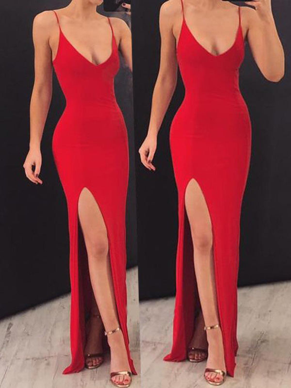 simidress.com offer Red Satin Mermaid Spaghetti Straps V-neck Long Prom Dresses with Side Slit, SP441