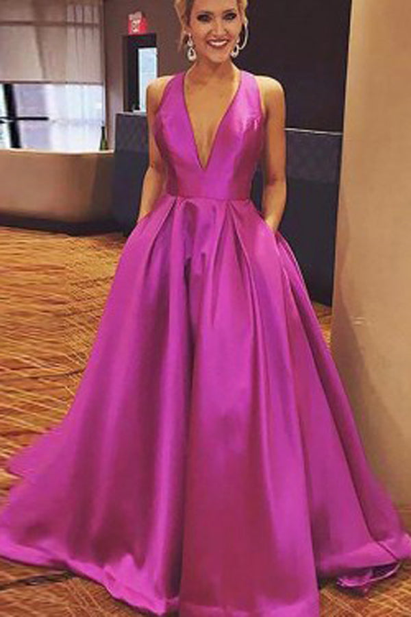 Hot Pink Satin Cute A-line V-neck Prom Dress with Ribbon, Evening Dresses,  SP442 – Simidress