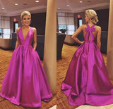 Hot Pink Satin Cute A-line V-neck Prom Dress with Ribbon, Evening Dresses, SP442