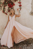 Light Pink Chiffon Spaghetti Straps Prom Dress Evening Dress with Side Slit, SP443