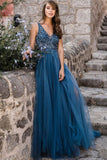 Blue Tulle A-line V-neck Long Prom Dresses Evening Dress with Beading, SP444