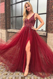 Fabulous Burgundy Tulle A-line V-neck Open Back Prom Dresses with Beading, SP446