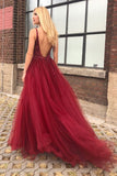 Fabulous Burgundy Tulle A-line V-neck Open Back Prom Dresses with Beading, SP446 at simidress.com
