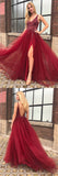 Fabulous Burgundy Tulle A-line V-neck Open Back Prom Dresses with Beading, SP446 offered by simidress.com