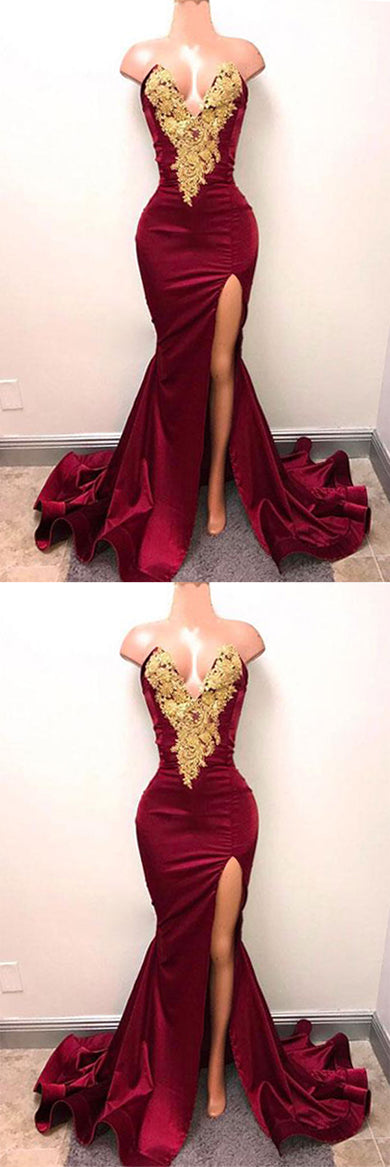 Burgundy Mermaid V-neck Gold Lace Long Prom Dresses with Side Slit, SP448 from simidress.com