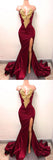 Burgundy Mermaid V-neck Gold Lace Long Prom Dresses with Side Slit, SP448 from simidress.com