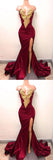 Burgundy Mermaid V-neck Gold Lace Long Prom Dresses with Side Slit, SP448 from simidress.com