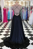 simidress.com offer Simple Blue Satin A-line Spaghetti Straps Long Prom Dresses with Train, SP449