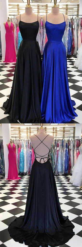 Simple Blue Satin A-line Spaghetti Straps Long Prom Dresses with Train, SP449 from simidress.com