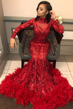 simidress.com offer Red Long Sleeve Mermaid Sequins Prom Dress Evening Gowns With Feather, SP450