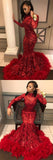 Red Long Sleeve Mermaid Sequins Prom Dress Evening Gowns With Feather, SP450 from simidress.com