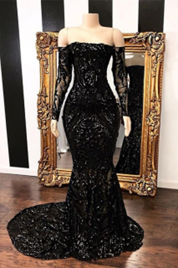 Fabulous Black Mermaid Sequins Long Sleeve Prom Dresses Evening Gowns, SP452