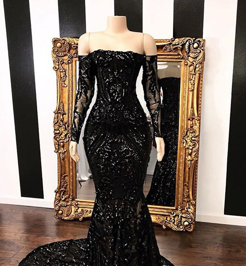 Fabulous Black Mermaid Sequins Long Sleeve Prom Dresses Evening Gowns, SP452 from simidress.com