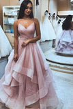 Elegant Pink Tulle A-Line Ruffle Spaghetti Straps Sleeveless Prom Dresses, SP453