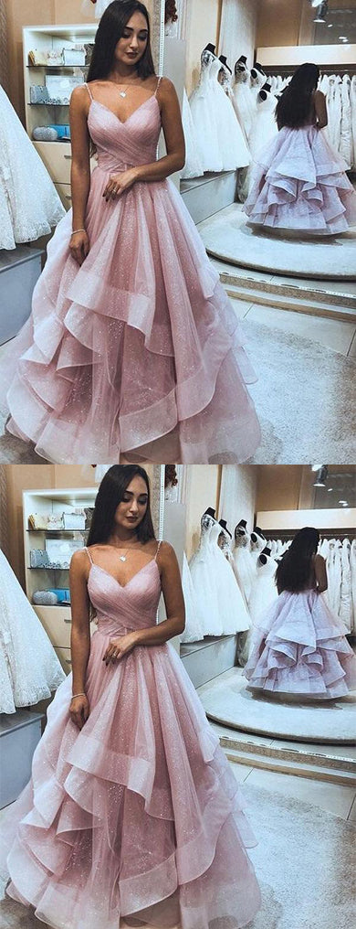 simidress.com offer Elegant Pink Tulle A-Line Ruffle Spaghetti Straps Sleeveless Prom Dresses, SP453