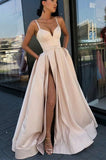 Simple A-Line Spaghetti Straps Floor-length Prom Dresses with Side Slit, SP454