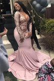 Fabulous Pink Long Sleeve Mermaid Sequins Prom Dresses with Sweep Train, SP455