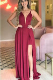 Simple Sleeveless Deep V-neck Prom Dress with Side Split, Evening Dresses, SP457