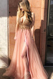 Charming Tulle Deep V-neck Sleeveless A Line Beaded Prom Dresses with Slit, SP458