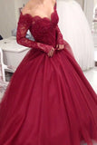 Burgundy Lace Tulle Ball Gown Long Sleeves V-neck Long Prom Dresses, SP459