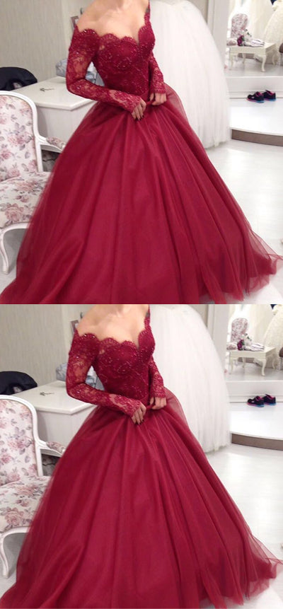 simidress.com offer Burgundy Lace Tulle Ball Gown Long Sleeves V-neck Long Prom Dresses, SP459