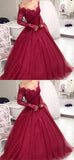 simidress.com offer Burgundy Lace Tulle Ball Gown Long Sleeves V-neck Long Prom Dresses, SP459