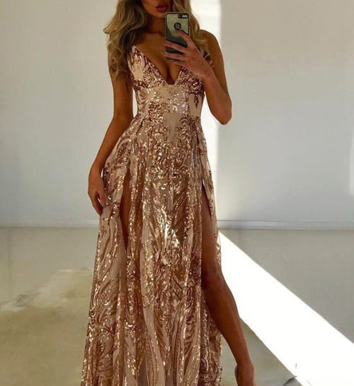 simidress.com offer Fabulous A-line Double Slit V-neck Sleeveless Prom Dresses with Sequins, SP461