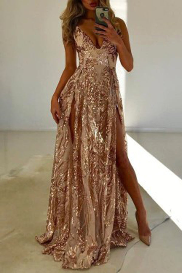 Fabulous A-line Double Slit V-neck Sleeveless Prom Dresses with Sequins, SP461 Simidress Fabulous A-line Double Slit V-neck Sleeveless Prom Dresses with Sequins, SP461 Simidress