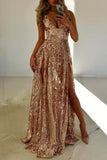 Fabulous A-line Double Slit V-neck Sleeveless Prom Dresses with Sequins, SP461