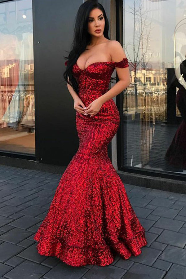 Gorgeous Red Beaded Sequins Mermaid Off-the-shoulder Long Prom Dresses, SP462