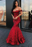 Gorgeous Red Beaded Sequins Mermaid Off-the-shoulder Long Prom Dresses, SP462