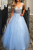 Charming Sky Blue Ball Gown A-line V-neck Beaded Prom Dresses Evening Dress, SP463
