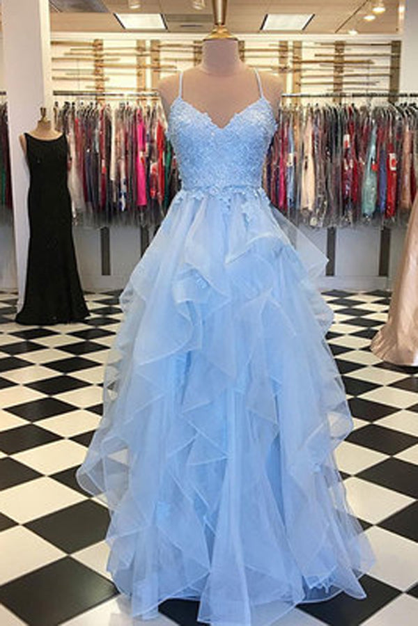 Sky Blue Tulle Spaghetti Straps V-neck Ruffle Skirt Long Prom Dresses, SP464