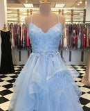 simidress.com offer Sky Blue Tulle Spaghetti Straps V-neck Ruffle Skirt Long Prom Dresses, SP464