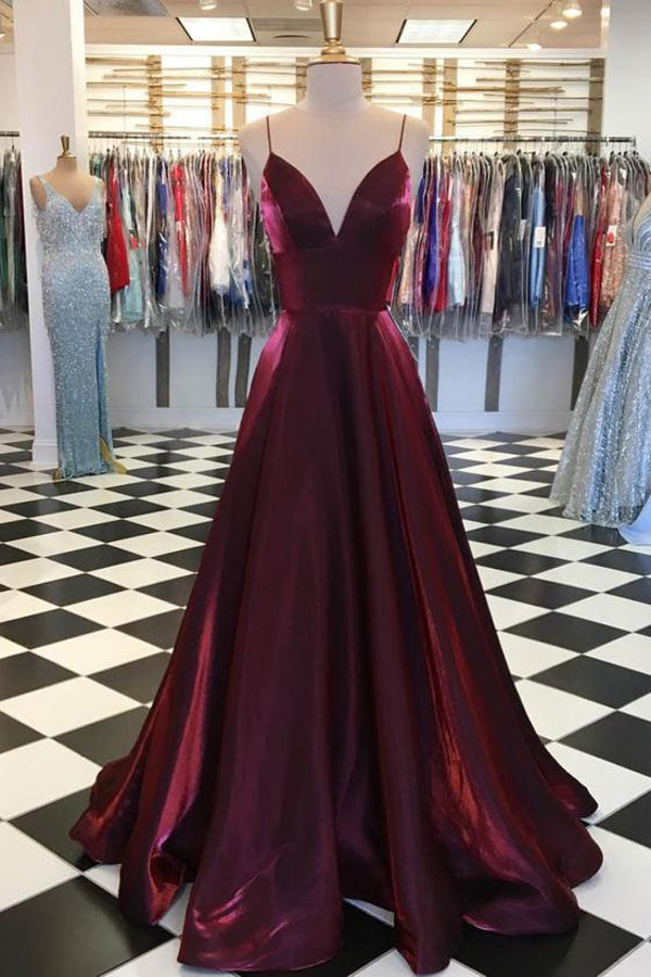 Simple Maroon Spaghetti Straps A-line V Neck Satin Long Prom Dress, SP465