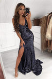 Glamorous Sequins Spaghetti Straps V-Neck Mermaid Prom Dress With Slit, SP466